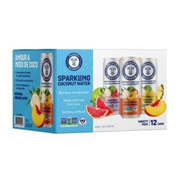 Thirsty Buddha Sparkling Coconut Water 3 flavour Variety Pack, 12 Cans (330 ml Each)