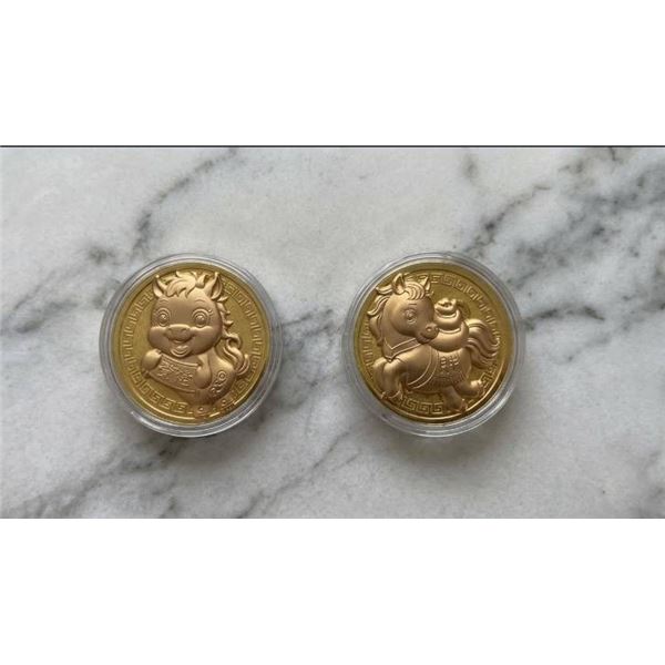 Lot of 2 Chinese Zodiac Gold-Tone Medallions with Red Pouches