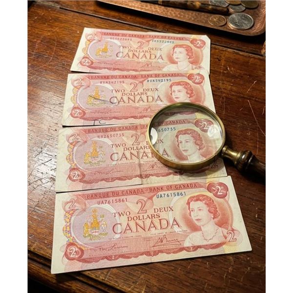 4 Canadian Two-Dollar Banknotes, 1974 Series, Circulated