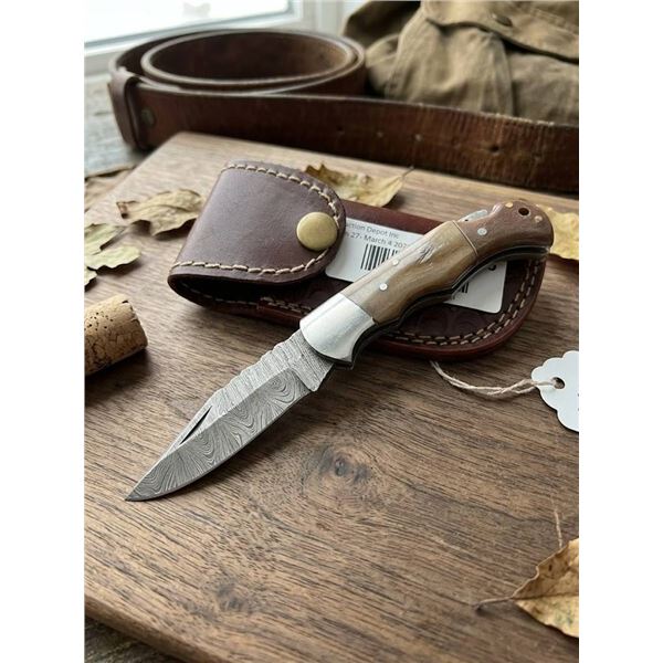 Damascus Steel Folding Knife with Leather Sheath