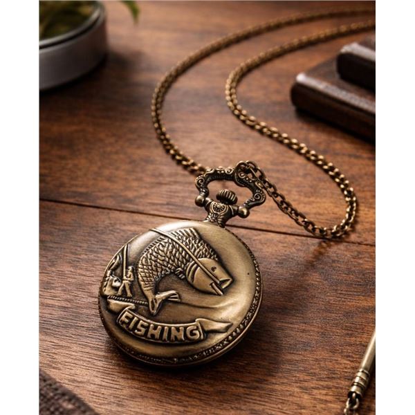 Bronze Quartz Pocket Watch with Fishing-Themed Engraving on Chain