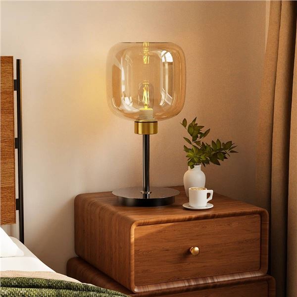 Vrygle Industrial Bedside Table Lamp Amber-Tinted Glass Lampshade Desk