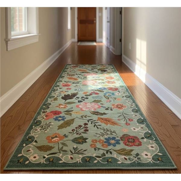 Floral Area Rug, 2×10, Green, Machine-Washable