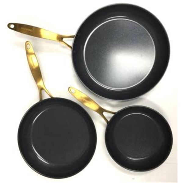 3 GreenPan Frying Pans with Gold Handles