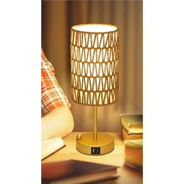 Eayaya Touch Control Rattan Table Lamp with Charging Port and Phone Stand