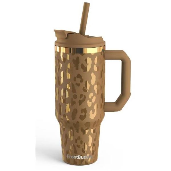 FrostBuddy 40 oz Iced Coffee Insulator with Straw – Leopard Design features a handle with a