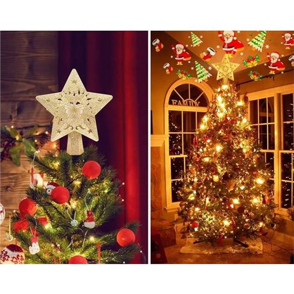 Christmas Star Tree Topper with LED Treetop Projector, Lighted Tree Topper with Rotating Warm Star S