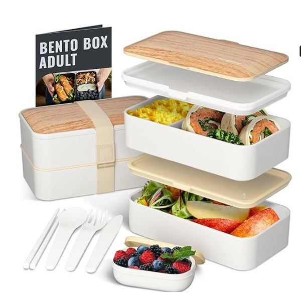 Bentoheaven Premium Bento Box Adult Lunch Box with 2 Compartments (40oz), Cutlery & Set of Chopstick
