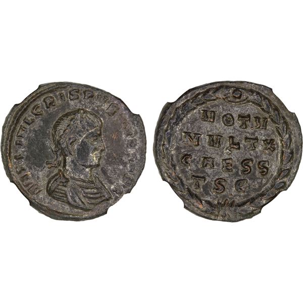 ROMAN EMPIRE: Crispus, caesar, 317-326 AD, silvered AE3 (3.15g), Thessalonica, 318-319 AD, NGC Choic