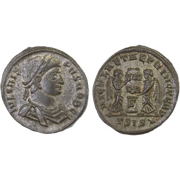 ROMAN EMPIRE: Crispus, caesar, 317-326 AD, silvered AE3 (2.97g), Siscia, 319-310 AD, Choice XF