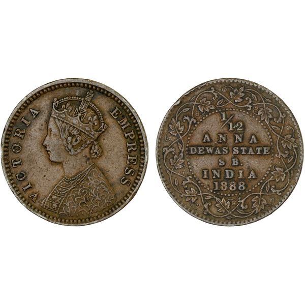 DEWAS SENIOR BRANCH: Victoria, Empress, 1876-1901, AE 1/12 anna, 1888, VF-XF