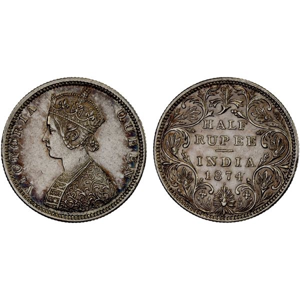 BRITISH INDIA: Victoria, Queen, 1837-1876, AR 1/2 rupee, 1874, XF