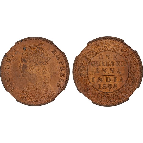 BRITISH INDIA: Victoria, Empress, 1876-1901, AE 1/4 anna, 1893(c), NGC MS65 RD