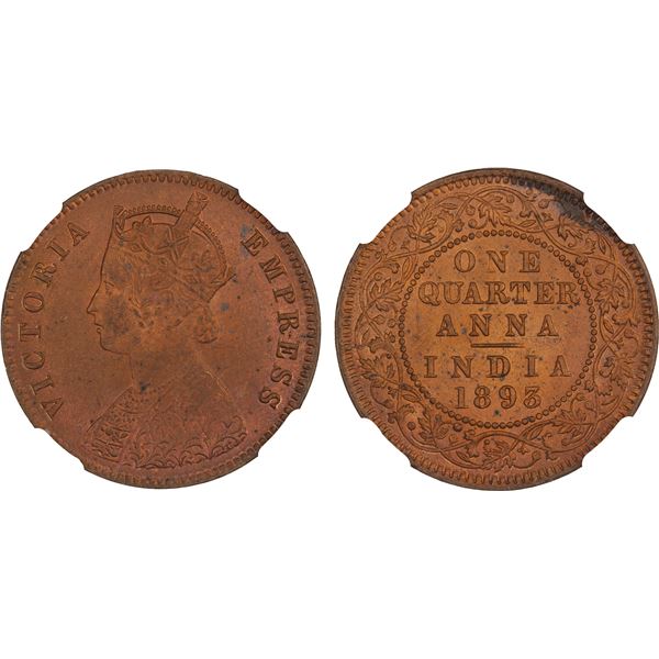 BRITISH INDIA: Victoria, Empress, 1876-1901, AE 1/4 anna, 1893(c), NGC MS64 RD