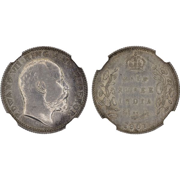 BRITISH INDIA: Edward VII, 1901-1910, AR 1/2 rupee, 1907-B, NGC AU