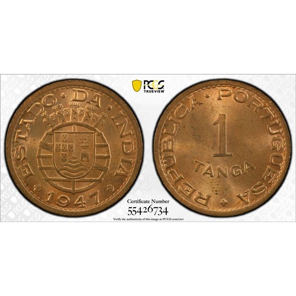PORTUGUESE INDIA: Republic, AE tanga, 1947, PCGS MS64 RD