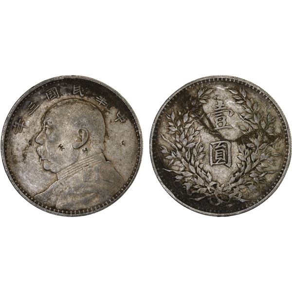 CHINA: Republic, AR dollar, year 3 (1914), VF-XF