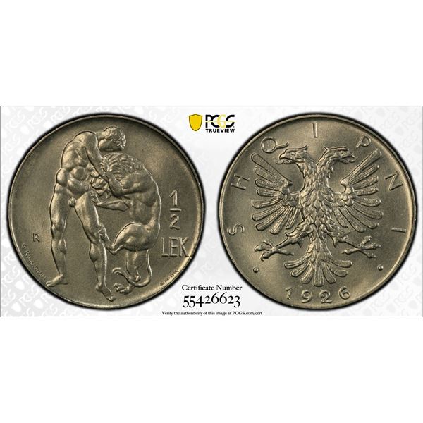 ALBANIA: Zog I, 1928-1939, 1/2 lek, 1926-R, PCGS MS66