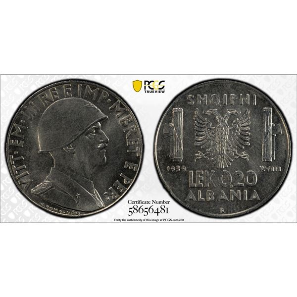 ALBANIA: Vittorio Emanuele III, 1939–1943, 20 qindar leku, 1939-R year XVIII, PCGS MS66