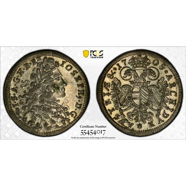 AUSTRIA: Joseph I, 1705-1711, AR 3 kreuzer, München, 1705, PCGS MS62