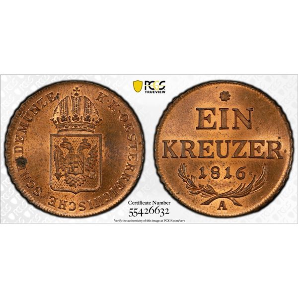AUSTRIA: Franz, 1804-1835, AE kreuzer, 1816-A, PCGS MS64 RB
