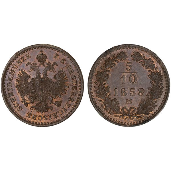 AUSTRIA: Franz Joseph I, 1848-1916, AE 5/10 kreuzer, 1858-M, UNC