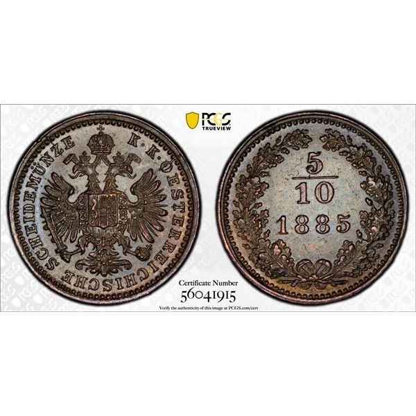 AUSTRIA: Franz Joseph I, 1848-1916, AE 5/10 kreuzer, 1885, PCGS MS64 BN
