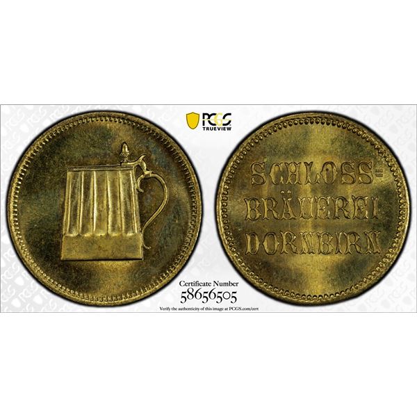 AUSTRIA: Schlossbräu Brewery, brass beer token, ND (1826-1899), PCGS MS65