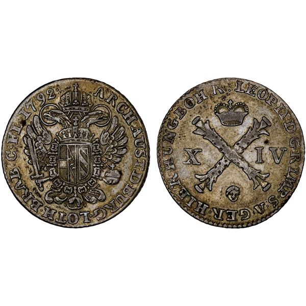 AUSTRIAN NETHERLANDS: Francis II, 1792-1797, BI 14 liards, Brussels, 1792(b), choice VF