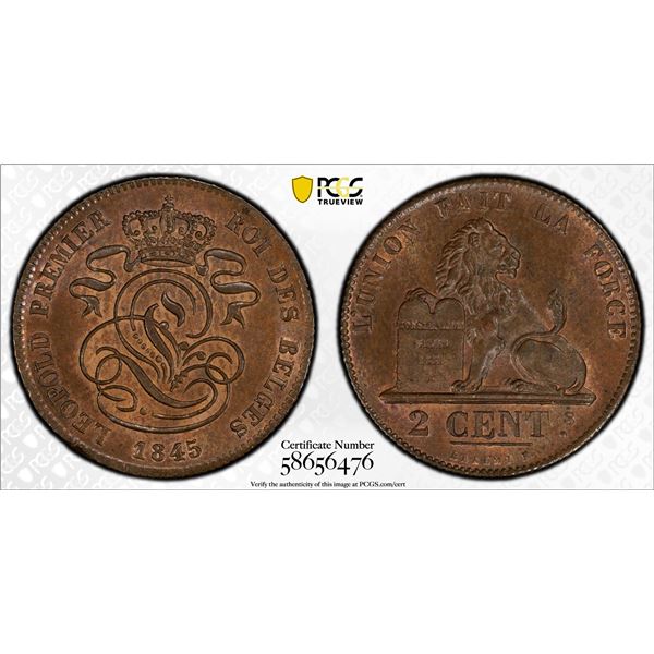 BELGIUM: Leopold I, 1831-1865, AE 2 centimes, 1845, PCGS MS65 BN