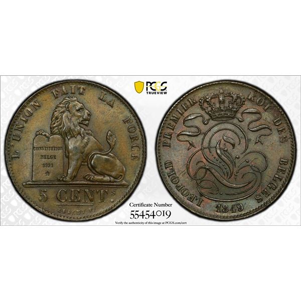 BELGIUM: Leopold I, 1831-1865, AE 5 centimes, 1849, PCGS MS63 BN