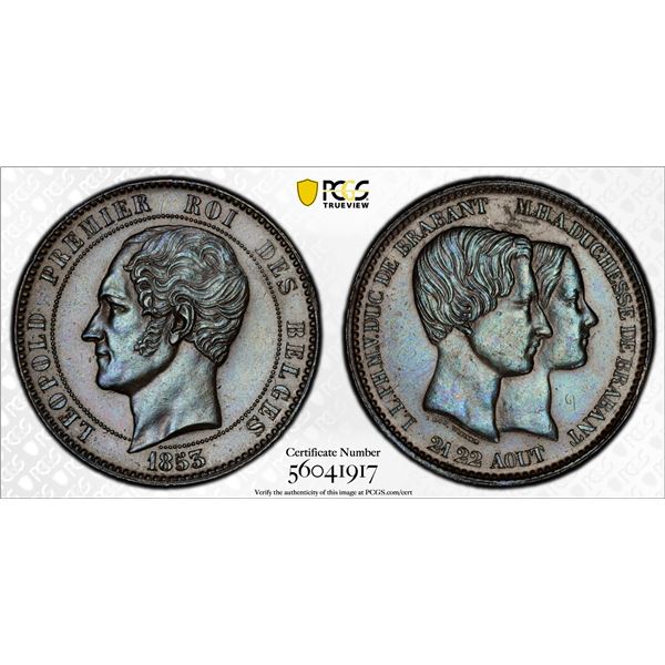 BELGIUM: Leopold I, 1831-1865, AE 10 centimes, 1853, PCGS AU58