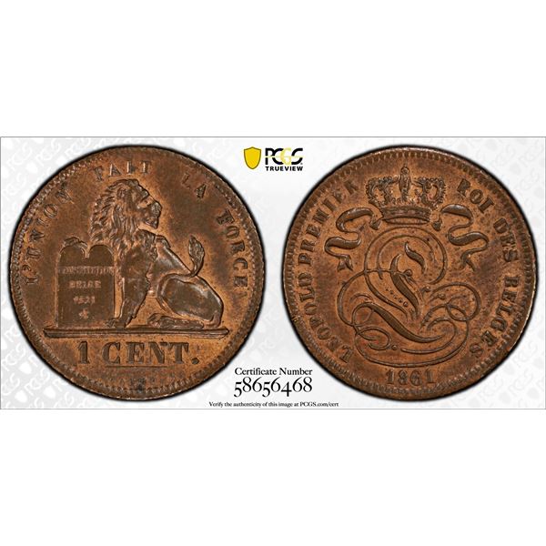 BELGIUM: Leopold I, 1831-1865, AE centime, 1861, PCGS MS64 RB