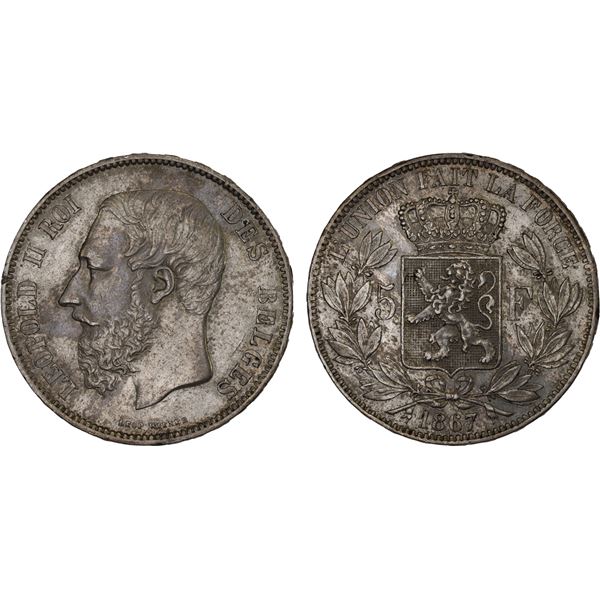 BELGIUM: Leopold II, 1865-1909, AR 5 francs, 1867, XF