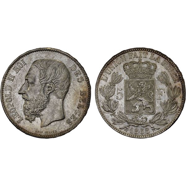 BELGIUM: Leopold II, 1865-1909, AR 5 francs, 1868, AU