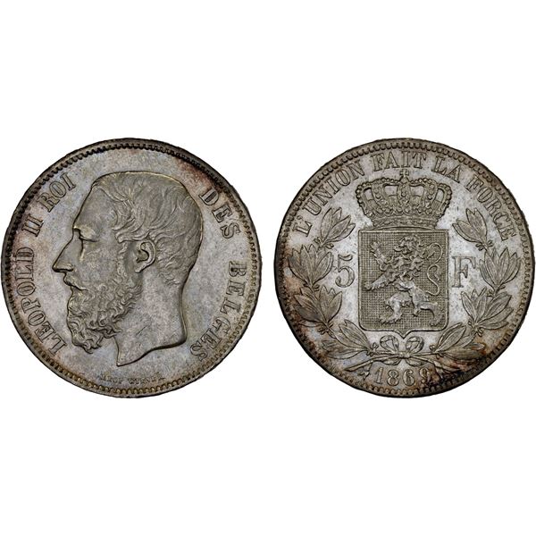 BELGIUM: Leopold II, 1865-1909, AR 5 francs, 1869, XF