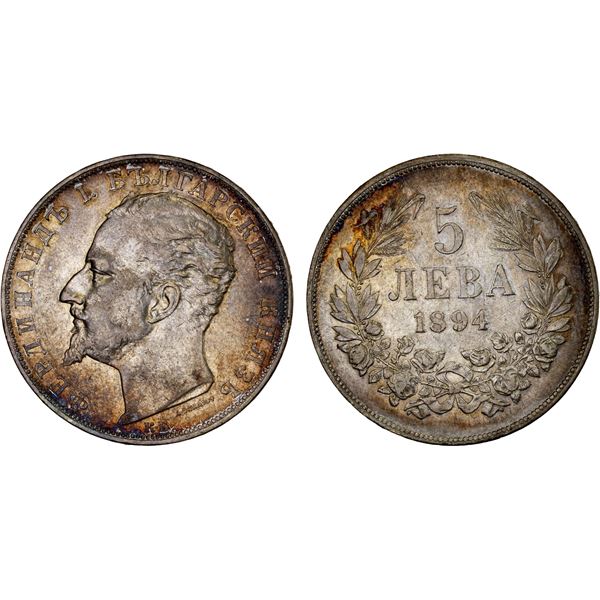 BULGARIA: Ferdinand I, prince, 1887-1908, AR 5 leva, 1894 KB, XF