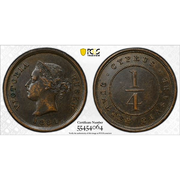 CYPRUS: Victoria, 1878-1901, AE ¼ piastre, 1884, PCGS AU53