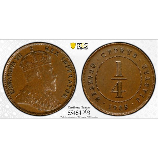 CYPRUS: Edward VII, 1901-1910, AE ¼ piastre, 1905, PCGS AU58
