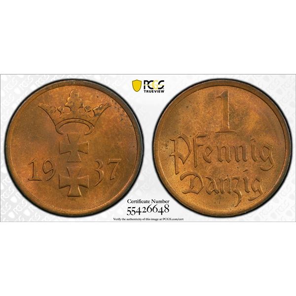 DANZIG: Free City, AE pfennig, 1937, PCGS MS64 RB
