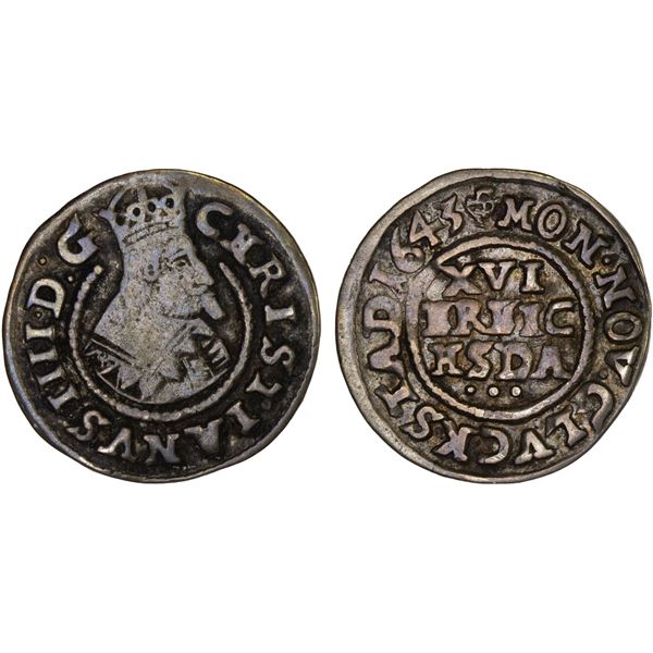 DENMARK: Christian IV, 1588-1648, AR 3 skilling lybsk (1.65g), Glückstadt, 1643, Fine