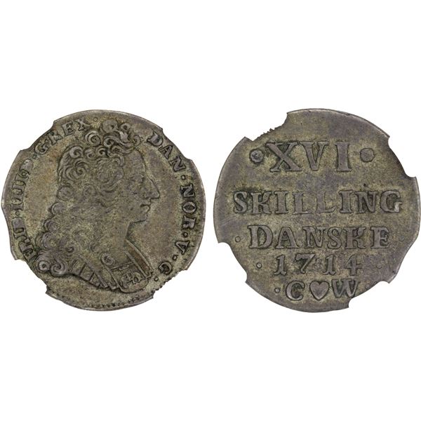 DENMARK: Frederik IV, 1699-1730, AR 16 skilling, 1714, NGC VF35