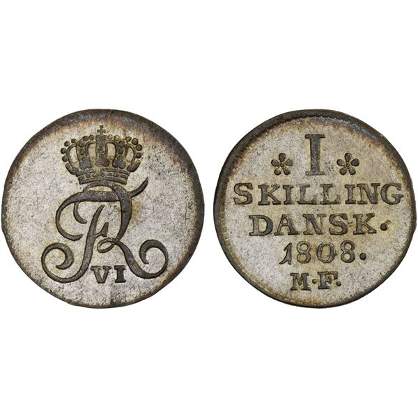 DENMARK: Frederik VI, 1808-1839, AR skilling, Altona, 1808 MF, choice AU