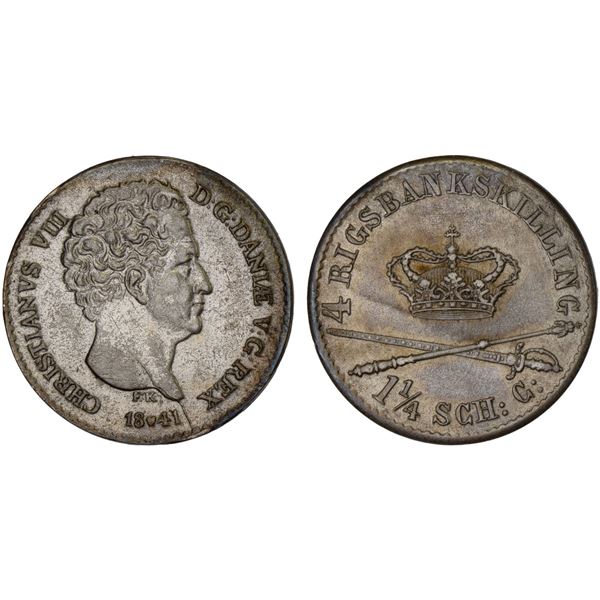 DENMARK: Christian VIII, 1839-1848, AR 4 rigsbankskilling, 1841(h)-FK, XF