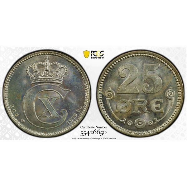 DENMARK: Christian X, 1912-1947, AR 25 øre, 1919, PCGS MS65