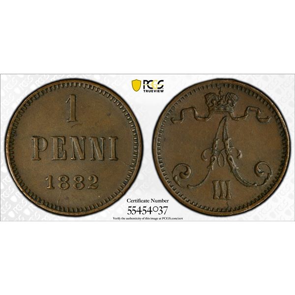 FINLAND: Alexander III, 1881-1894, AE penni, 1882, PCGS MS62 BN