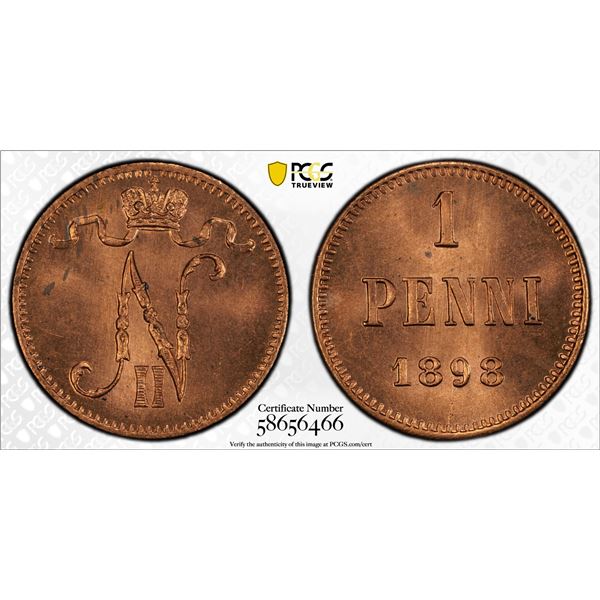 FINLAND: Nicholas II, Grand Duke, 1894-1917, AE penni, 1898, PCGS MS65 RD