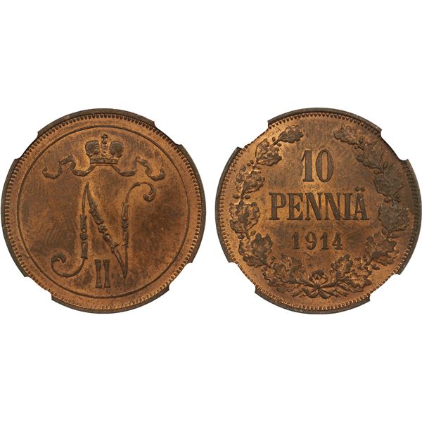 FINLAND: Nicholas II, Grand Duke, 1894-1917, AE 10 penniä, 1914, NGC MS63 RB