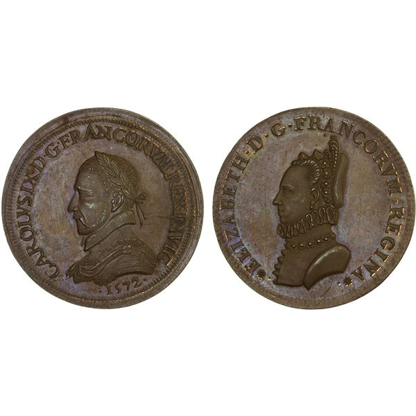 FRANCE: Charles IX, 1560-1574, AE medal (19.05g), 1572, Choice AU