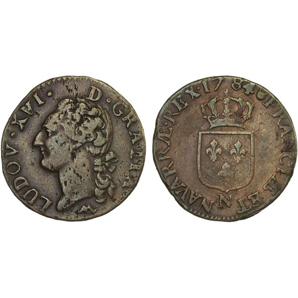 FRANCE: Louis XVI, 1774-1793, AE 1/2 sol, Montpellier, 1784-N, F-VF